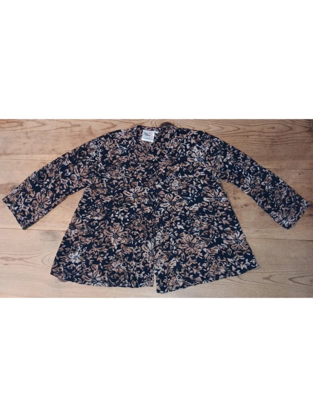 Vtg Reds Threads Swing Jacket Women M Black Brown Floral Chinese Knot Neck Rayon